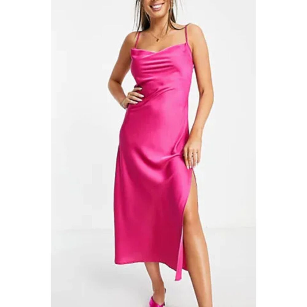 ZARA Satin Slip Midi Dress Hot Pink‎ Viral XS